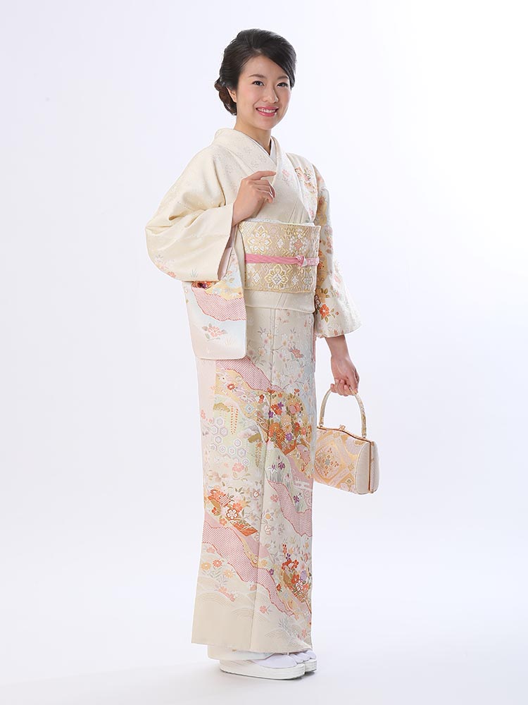 【高級訪問着レンタル】訪問着 訪問着レンタル フルセット 高級 七五三 お宮参り 卒業式 入学式 卒園式 結婚式 きれい目 クリーム色 古典柄 MSサイズ 小さい 道長取り 品番：h-72 17,856円