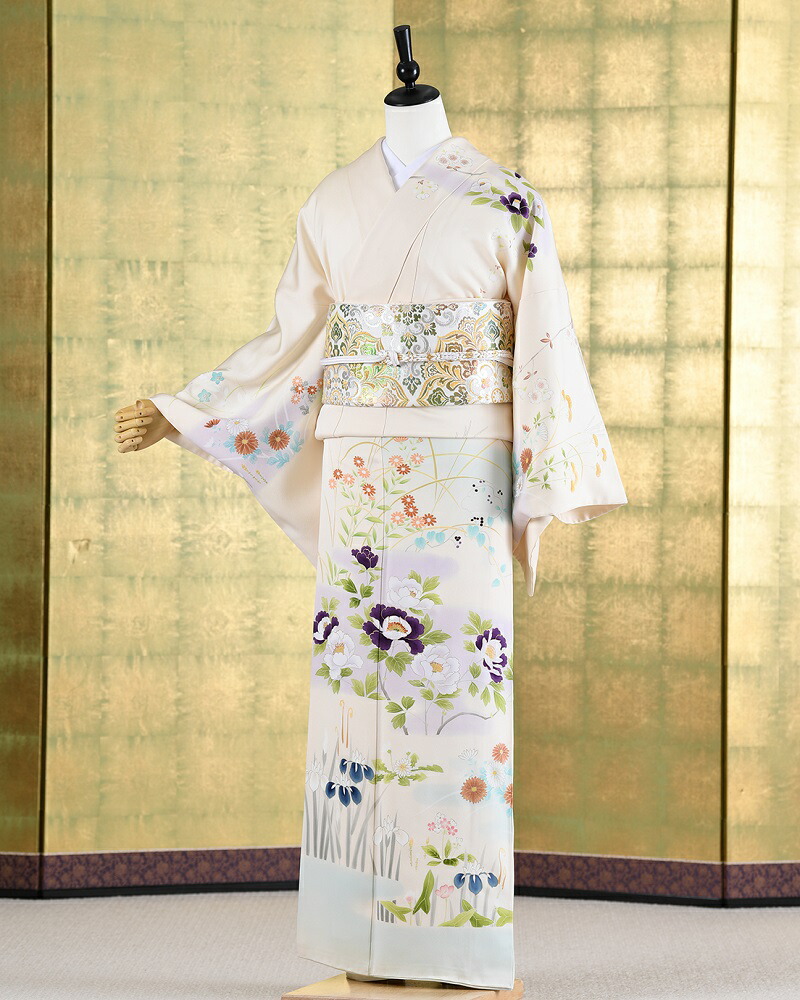 10月 5月までお召いただける京都の手描き友禅メーカーによる訪問着です 訪問着 お宮参り 高級 お宮参り 入学式 卒業式 Llサイズ 卒園式 初着セット 高級訪問着レンタル 七五三 結婚式 クリーム 成謙 花 四季の花 Llサイズ 品番 H 440 着物レンタル美装館