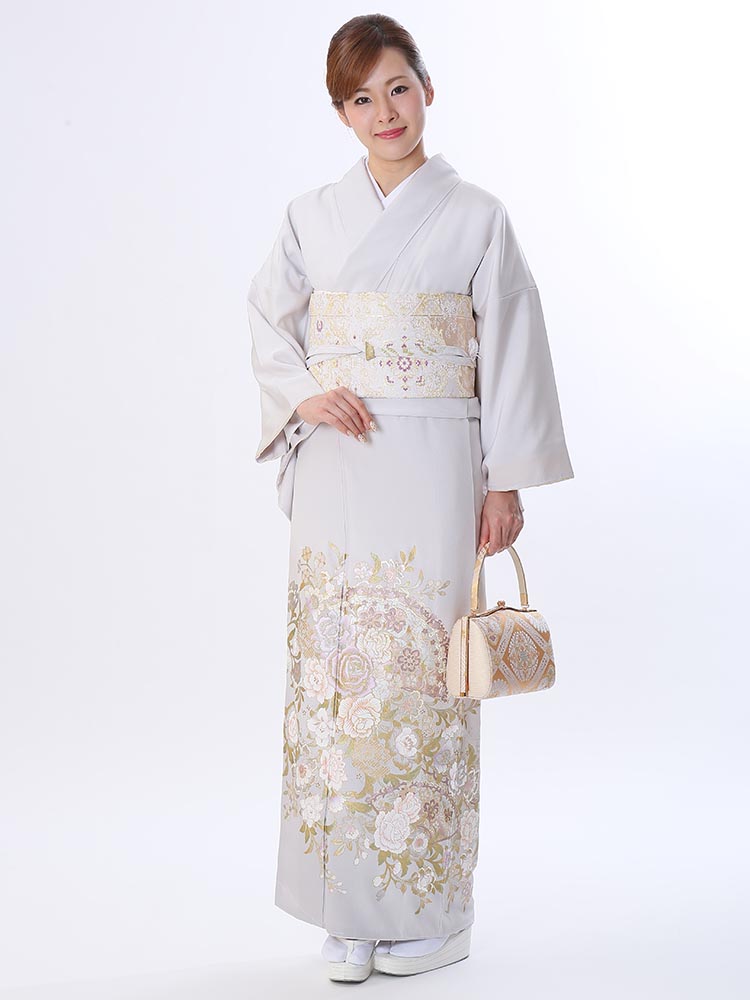 【レンタル】 色留袖レンタル 着物レンタル 留袖 桂由美 フルセット 色留袖 レンタル 結婚式 披露宴 叙勲式 レンタル 親族 列席者 おすすめ 貸衣装 正絹 姉妹 叔母 伯母 グレー 薔薇 バラ チャペル MLサイズ 【品番：i-yumi-254】