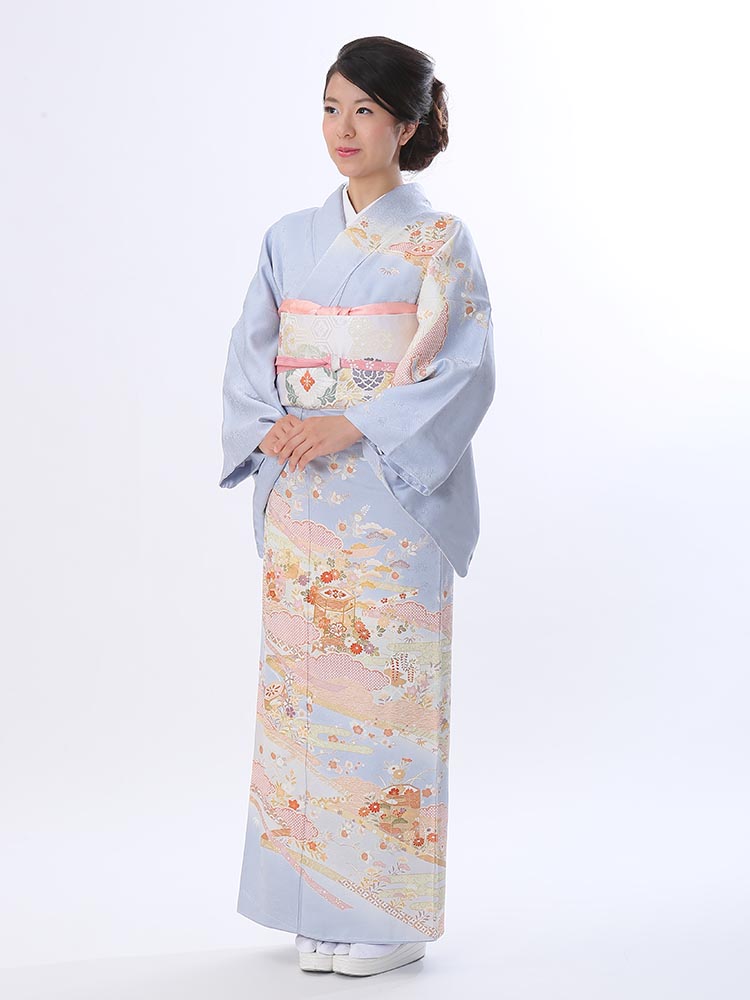 【レンタル】 訪問着 レンタル フルセット 七五三 卒園式 卒業式 入学式 結婚式 披露宴 参列 お茶会 お宮参り 青色 古典柄 雲取り 貝桶 品番：h-73