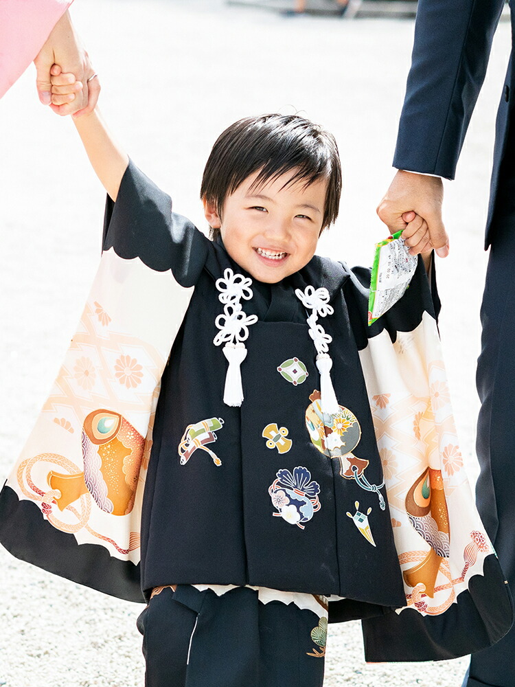 【高級七五三・黒の正絹被布レンタル】品番KD-1001男の子3才用「被布のみレンタル」宝尽くし・打ち出の小槌柄