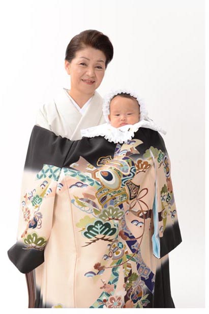 【賃借】【御前上等お宮参り賃借】お坊っちゃん お宮参り 産着 黒 ベージュ 打ち出の小槌 正絹 地絹 御前上等 お坊っちゃん 初着 グラデーション 品番：MD-3