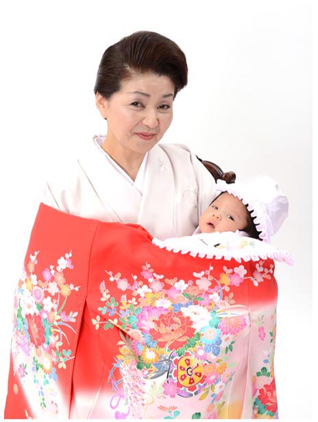 【賃借】【御前上等お宮参り賃借】お嬢さん お宮参り 産着 赤 花 花尽くし 名著 正絹 地絹 御前上等 お嬢さん 初着 品番：MF-2