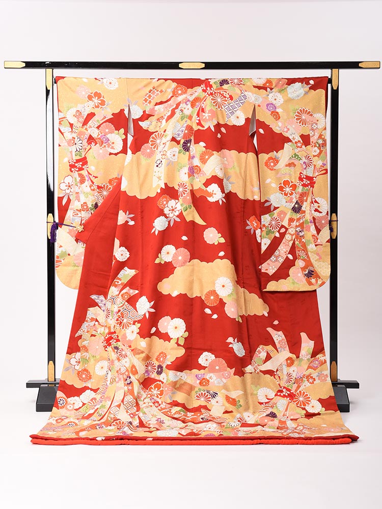 【賃借】 引き振袖 賃借 華燭の典 和装 花嫁御寮御召しもの 貸御召しもの フルセット 華燭の典 挙式 和装婚 引振袖 黒引っ張ること振袖 二次会 前撮り 赤 名著柄 熨斗 品番：hikifurisode-6_red