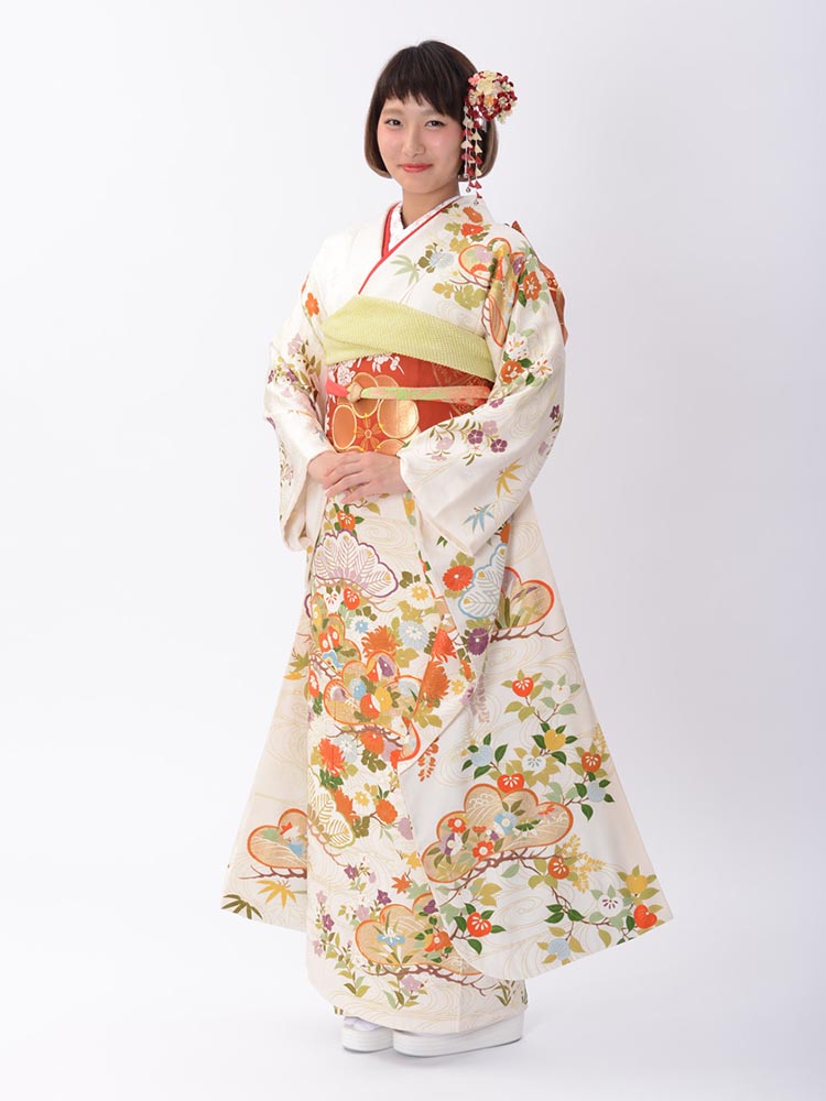送料無料 振袖レンタル レンタル 白 高級 セット 参列 成人式 フルセット 11年成人式の新品振り袖 ご予約受付中 古典柄 振袖 22年 白 友禅 結婚式 卒業式 花柄 結納 顔合わせ 高級 結婚 披露宴 参列 品番 K 005 着物レンタル美装館