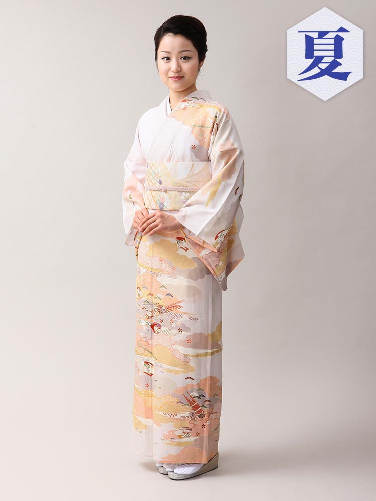 【レンタル】 訪問着 レンタル 絽 夏 盛夏 7月 8月 結婚式 お宮参り お茶会 参列 パーティー 七五三 グレー 古典 雲取り 笙 MLサイズ 品番：n9｜着物レンタル美装館