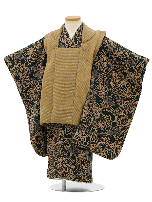 七五三レンタル(3歳男の子/被布)3118/花わらべ 薄茶×深緑地 ペイズリー きものレンタル 七五三 子供和装 被布コート 貸衣装☆新品足袋プレゼント☆fy16REN07【レンタル】