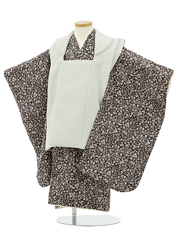 七五三レンタル(3歳男の子/被布)3155/薄ｸﾞﾚｰ×茶色 小花 3歳 男児 753 着物 男の子 着物レンタル きものレンタル 七五三 子供和装 被布コート 貸衣装☆新品足袋プレゼント☆fy16REN07【レンタル】