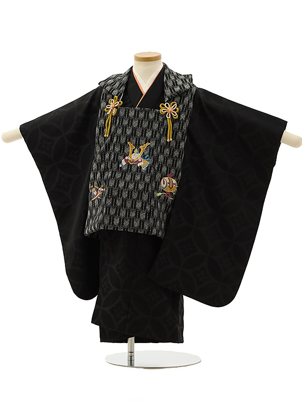 七五三ﾚﾝﾀﾙ(3歳男の子/被布)3166/黒 矢絣 兜×黒地 七宝 レンタル きものレンタル 七五三 子供和装 被布コート 貸衣装☆新品足袋プレゼント☆fy16REN07【レンタル】