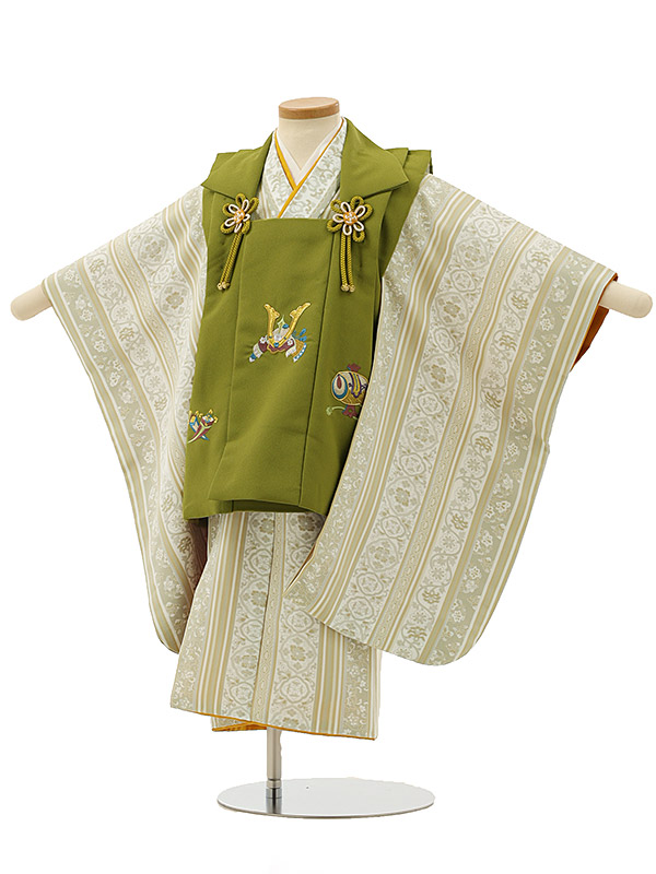 七五三ﾚﾝﾀﾙ(3歳男の子/被布)3169/抹茶 兜×白地 ｽﾄﾗｲﾌﾟ牡丹文様 レンタル きものレンタル 七五三 子供和装 被布コート 貸衣装☆新品足袋プレゼント☆fy16REN07【レンタル】