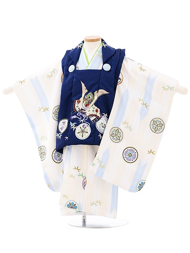七五三 2歳 男の子 被布 2歳男の子着物レンタル（男児） 七五三(2才男の子)A229紺×薄クリーム 矢絣 花紋|レンタル|2歳|男児|七五三｜着物 2歳|男の子|着物|七五三【レンタル】