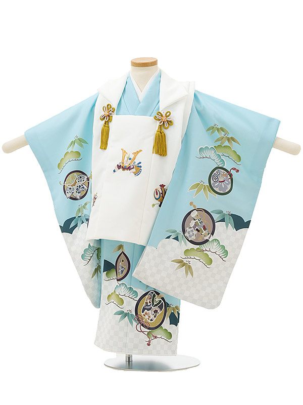 七五三ﾚﾝﾀﾙ(3歳男の子/被布)3201/白刺繍兜×水色地吉祥文様 レンタル 七五三 子供和装 被布コート 貸衣装☆新品足袋プレゼント☆fy16REN07【レンタル】