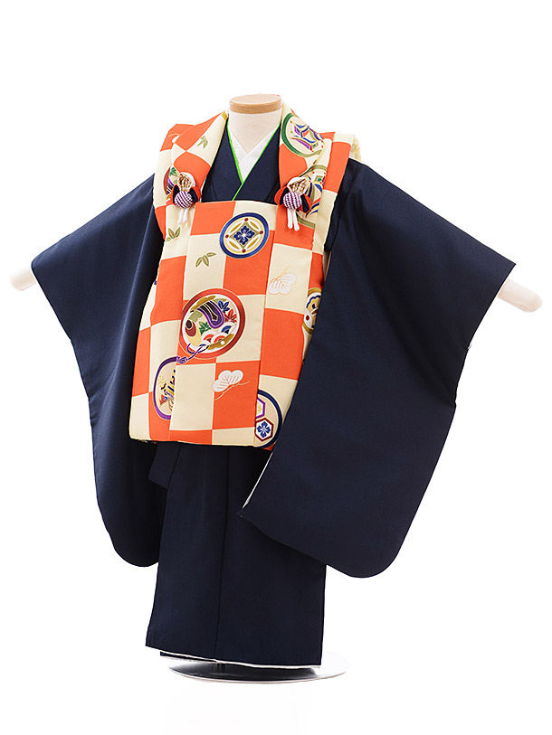 七五三 着物 3歳 男の子 七五三レンタル(3歳男児被布)A296 ｵﾚﾝｼﾞ 市松×紺 レンタル 3歳 男児 753 着物 男の子 着物レンタル きものレンタル 七五三 きもの レンタル おとこのこ 七五三 着物 3歳 男の子 貸衣装☆新品足袋プレゼント☆fy16REN07【レンタル】