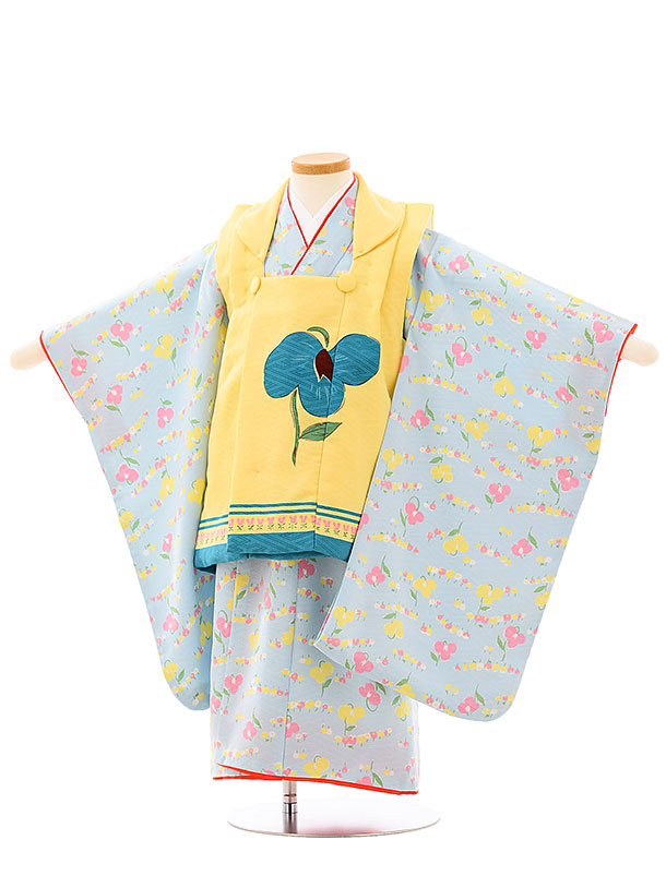 七五三 着物 レンタル 3歳 女の子 被布 セット ３歳の着物レンタル（女の子）A307黄色×水色小花 レンタル 3歳 女児 被布 七五三 753 着物 三 女の子 着物 お祝い着 3才 七五三 着物 3歳 レンタル 女の子 七五三 新品足袋プレゼント 被布コート fy16REN07【レンタル】