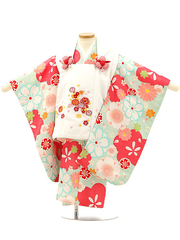 七五着物 3歳 女の子 被布 セット ３歳の着物レンタル（女の子）A30W/白 刺繍鞠×ﾌﾞﾙｰｸﾞﾘｰﾝ地 桜 レンタル 3歳 女児 被布 七五753 着物 女の子 着物 3才 きものレンタル 新品足袋プレゼント 被布コート fy16REN07【レンタル】