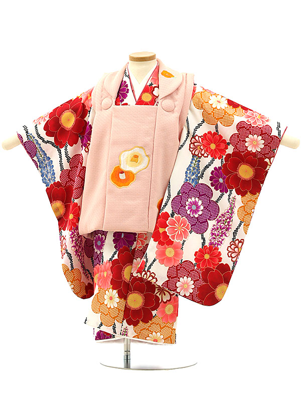 七五着物 3歳 女の子 被布 セット ３歳の着物レンタル（女の子)A31F/薄ﾋﾟﾝｸ 椿×白地 藤の花 レンタル 3歳 女児 被布 七五753 着物 女の子 着物 3才 きものレンタル 新品足袋プレゼント 被布コート fy16REN07【レンタル】