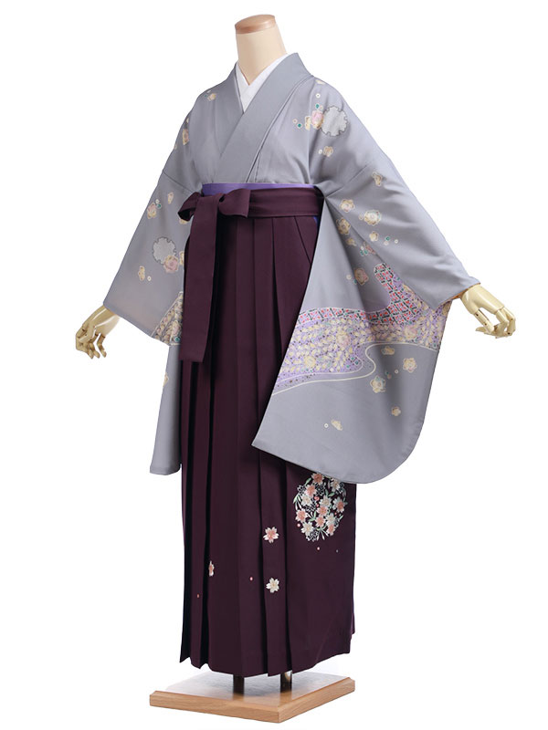 卒業式 袴レンタルAAGC035 グレー着物紫袴 卒業式 卒園式 袴 レンタル 先生向け袴レンタルfy16REN07