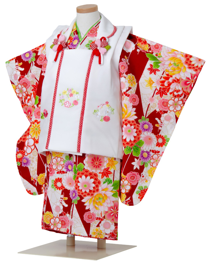 【楽天市場】七五三 着物 3歳 被布セット 女の子 京都花ひめ 赤の着物 白の被布コート 矢絣 梅 菊 刺繍 フルセット 販売 購入：着物タウン