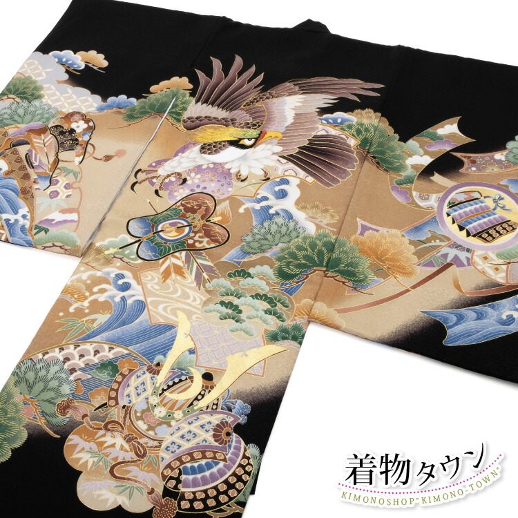 お宮参り 着物 男の子 初着 産着 正絹 鷹 兜 黒 男児 祝着 掛け着 のしめ 一つ身 販売 購入