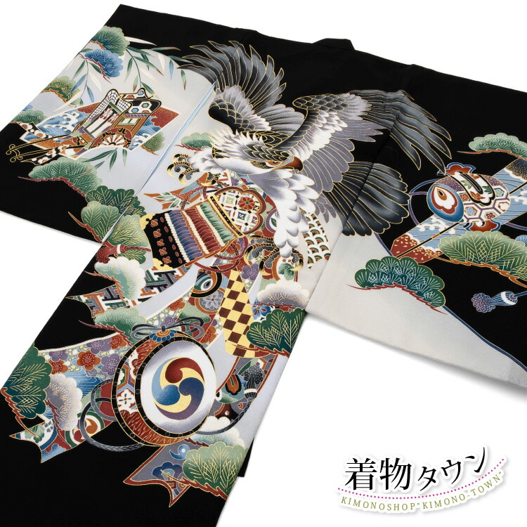 お宮参り 着物 男の子 初着 産着 正絹 黒 男児 祝着 鷹 松 掛け着 販売 購入 通販 一つ身 のしめ