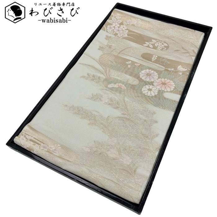 【お得なクーポン配布中】 夏帯 袋帯 紗 美しい花模様 エ霞 金糸 薄白緑色 O-6265 着物 きもの kimono 和服 和装 中古 リサイクル着物 【送料無料】｜リユース着物わびさび　店