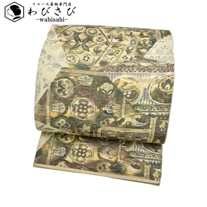【お得なクーポン配布中】 袋帯 抽象花鳥模様 紬 牙黄色 O-4077 着物 きもの kimono 和服 和装 中古 リサイクル着物 【送料無料】｜リユース着物わびさび　店