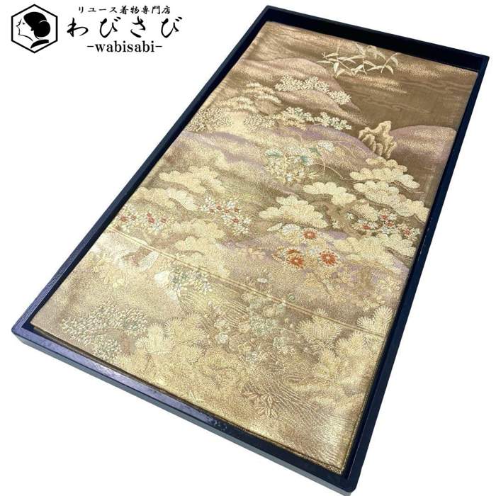 【お得なクーポン配布中】 袋帯 松模様 遠山に四季の花 金銀糸 金色 O-4136 着物 きもの kimono 和服 和装 中古 リサイクル着物 【送料無料】|リユース着物わびさび 店