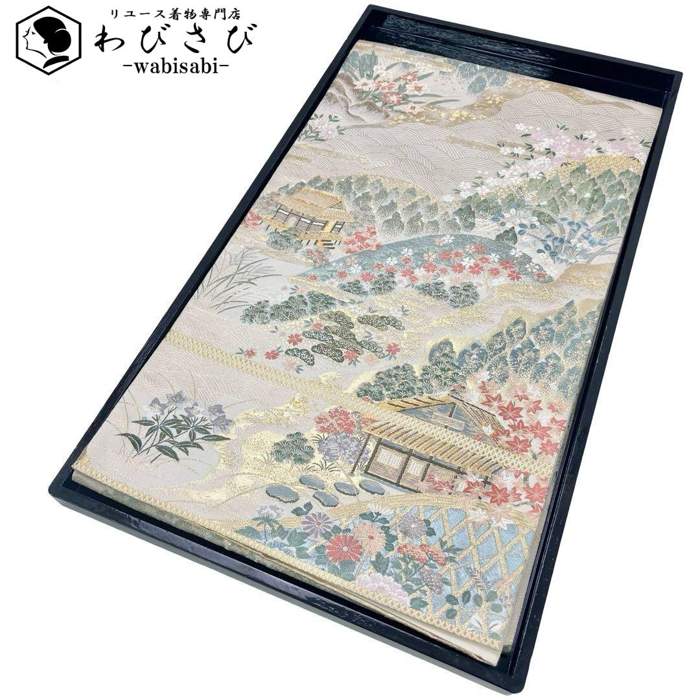 【お得なクーポン配布中】 袋帯 本金箔 京名所 光悦 京都の風景 花柄模様 金糸 生成り色 O-4206 着物 きもの kimono 和服 和装 中古 リサイクル着物 【送料無料】