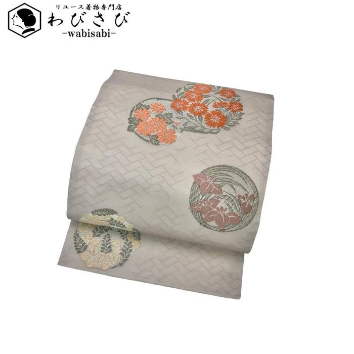 【お得なクーポン配布中】 夏帯 名古屋帯 丸に花模様 檜垣 白梅鼠色 O-6309 着物 きもの kimono 和服 和装 中古 リサイクル着物 【送料無料】｜リユース着物わびさび　店