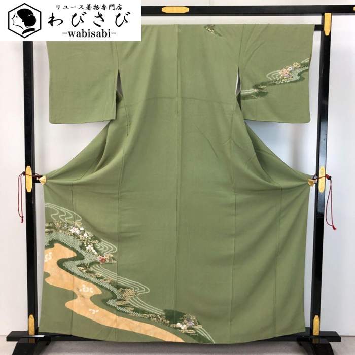 【お得なクーポン配布中】 付下げ 流水に花模様 刺繍 絞り 梅幸茶色 縮緬 金彩 K-5281 着物 きもの kimono 和服 和装 中古 リサイクル着物 【送料無料】