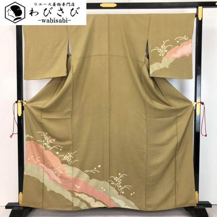 【お得なクーポン配布中】 訪問着 絞り 刺繍 花模様 藁色 K-5297 着物 きもの kimono 和服 和装 中古 リサイクル着物 【送料無料】|リユース着物わびさび 店
