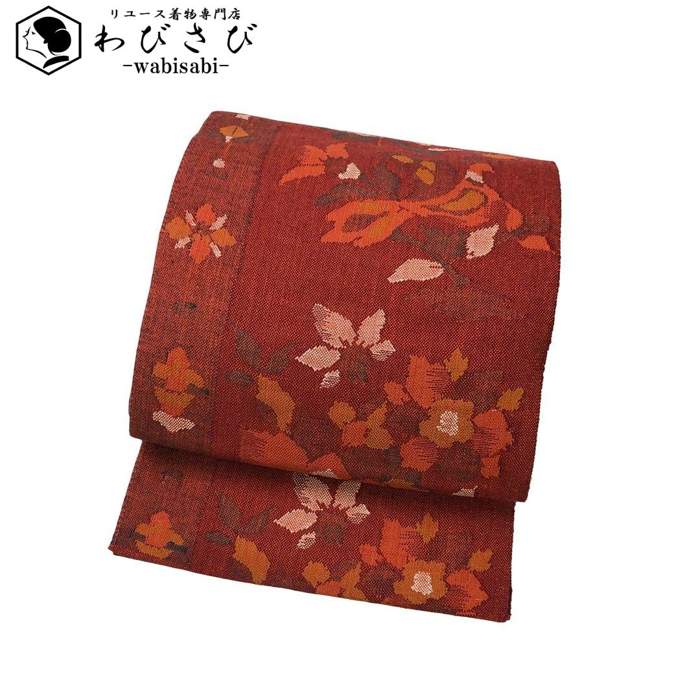 【お得なクーポン配布中】 名古屋帯 真綿紬 花模様 猩々茶色 O-6019 着物 きもの kimono 和服 和装 中古 リサイクル着物 【送料無料】