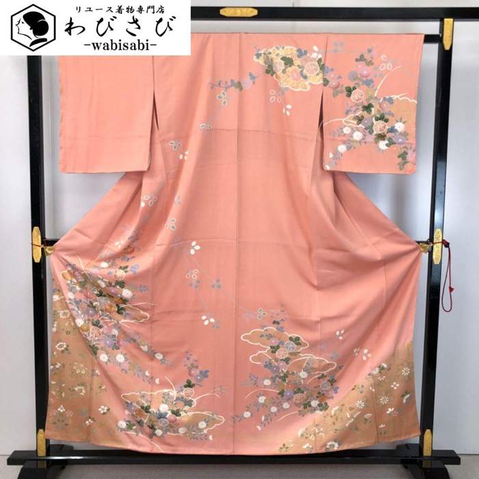 【お得なクーポン配布中】 訪問着 流水に花模様 金彩 金駒刺繍 東雲色 しつけ糸 K-5410 着物 きもの kimono 和服 和装 中古 リサイクル着物 【送料無料】｜リユース着物わびさび　店 10,804円