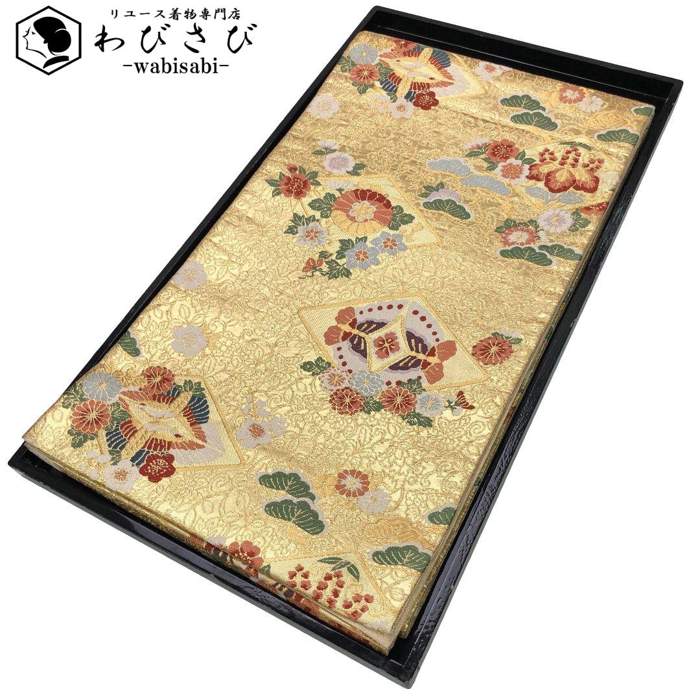 【お得なクーポン配布中】 袋帯 向かい鶴に蝶々 菱形に花模様 桐 金色 O-5610 着物 きもの kimono 和服 和装 中古 リサイクル着物 【送料無料】