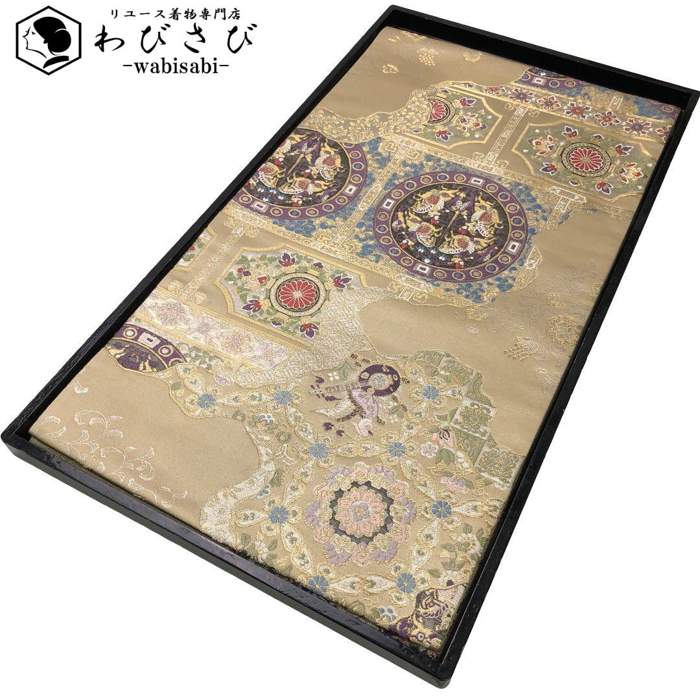 【お得なクーポン配布中】 袋帯 西城麗華文 華模様 馬 鳥 金糸 枯野色 O-5974 着物 きもの kimono 和服 和装 中古 リサイクル着物 【送料無料】｜リユース着物わびさび　店