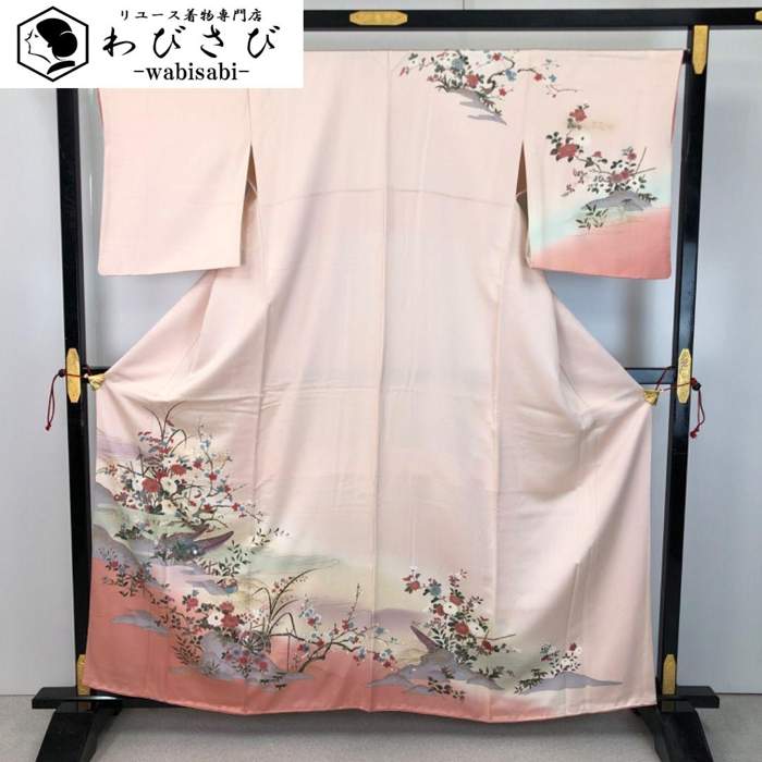 【お得なクーポン配布中】 訪問着 舟に波模様 花柄 金銀彩 桜色 K-5740 着物 きもの kimono 和服 和装 中古 リサイクル着物 【送料無料】
