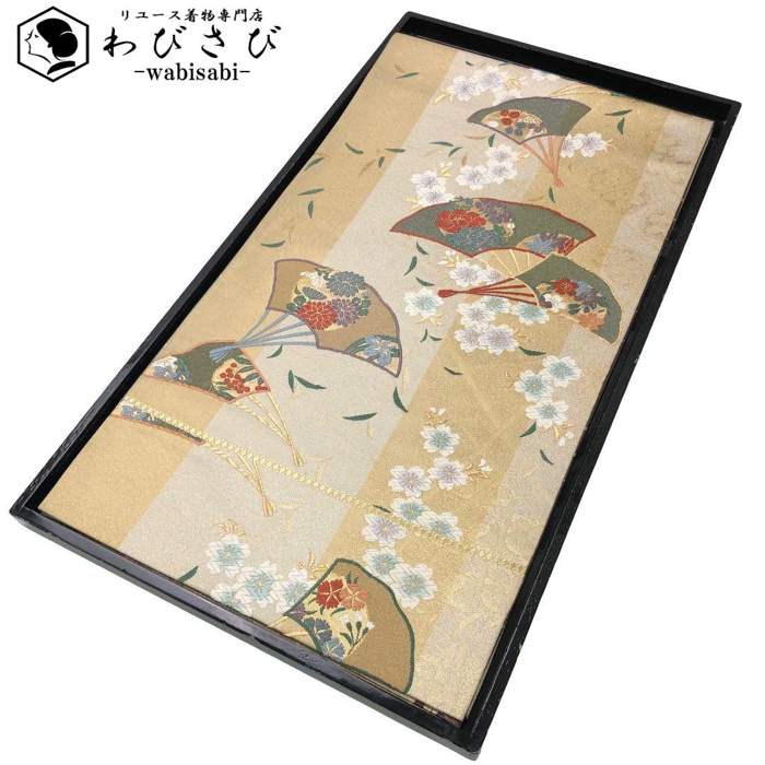 【お得なクーポン配布中】 袋帯 扇子に花模様 金糸 三越お誂え O-5994 着物 きもの kimono 和服 和装 中古 リサイクル着物 【送料無料】