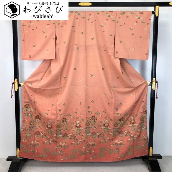 【お得なクーポン配布中】 付下げ 美しい花模様 中紅色 グラデーション 金彩 K-5751 着物 きもの kimono 和服 和装 中古 リサイクル着物 【送料無料】