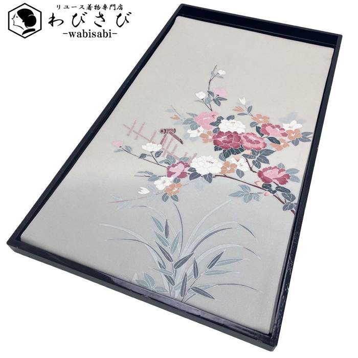 【お得なクーポン配布中】 袋帯 作家物 友禅 牡丹の花模様 銀通し 灰白色 O-4568 着物 きもの kimono 和服 和装 中古 リサイクル着物 【送料無料】