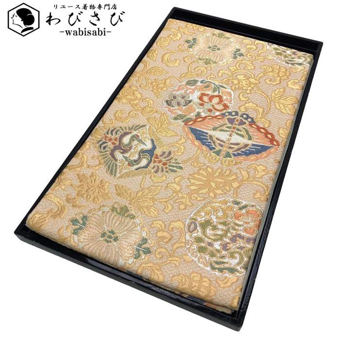 【お得なクーポン配布中】 袋帯 向かい鶴 花唐草模様 蝶々 金糸 金色 O-5703 着物 きもの kimono 和服 和装 中古 リサイクル着物 【送料無料】