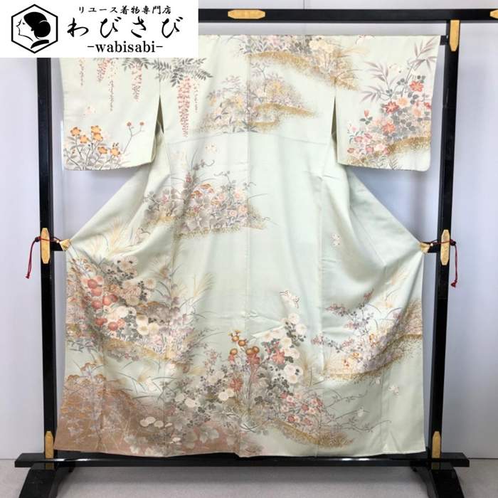 【お得なクーポン配布中】 訪問着 美しい花模様 芒 金駒刺繍 金彩 硫黄色 K-5833 着物 きもの kimono 和服 和装 中古 リサイクル着物 【送料無料】