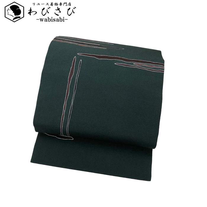 【お得なクーポン配布中】 名古屋帯 抽象模様 縮緬 黒木賊色 O-6138 着物 きもの kimono 和服 和装 中古 リサイクル着物 【送料無料】