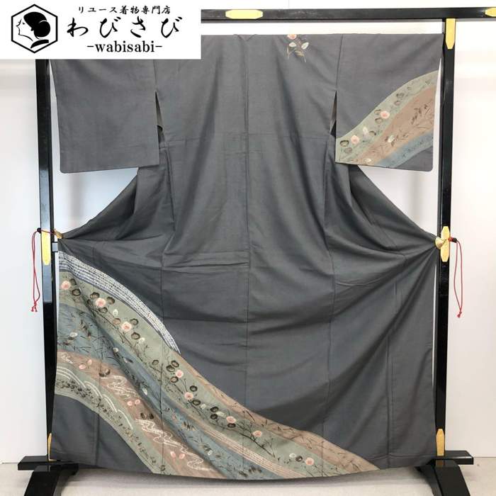 【お得なクーポン券別れ別れ中】  短い訪問着 紬 絞り柄 花飾りつけ 水流 具墨色 トール大きさ K-4319  御召しもの きもの kimono 着物 和装 中古 再利用御召しもの 【貨物輸送無料】