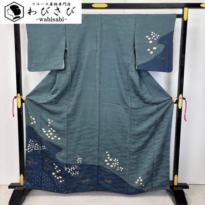 【お得なクーポン配布中】 訪問着 絞り柄 染分け 流水に花模様 錆納戸色 K-5888 着物 きもの kimono 和服 和装 中古 リサイクル着物 【送料無料】｜リユース着物わびさび　店 10,804円