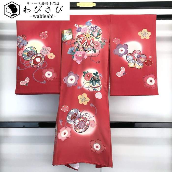 子供着物 襦袢付 女の子 一つ身 お宮参り 鶴 花柄 金彩 赤色 X-1003