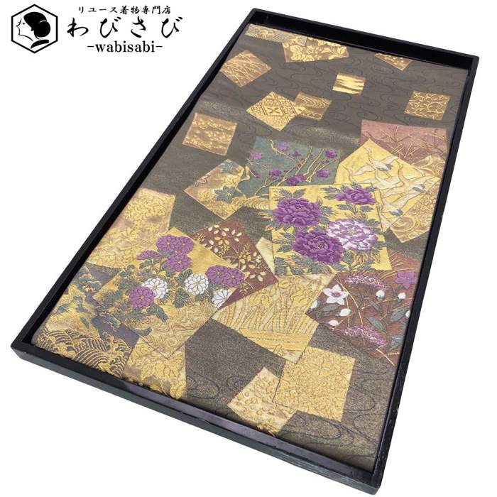 袋帯 西陣 聚楽 帝王紫 色紙に美しい花模様 黝色 金色 金糸 O-4682 楽天市場】【お得なクーポン配布中】 袋帯 西陣 聚楽 帝王紫 色紙に