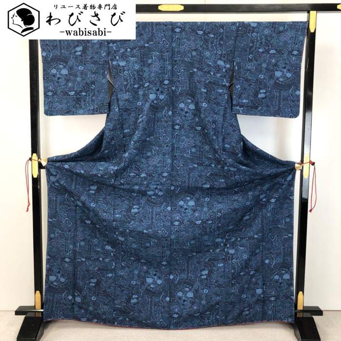 【お得なクーポン配布中】 小紋 花唐草模様 呉須色 しつけ糸 トールサイズ K-5218 着物 きもの kimono 和服 和装 中古 リサイクル着物 【送料無料】
