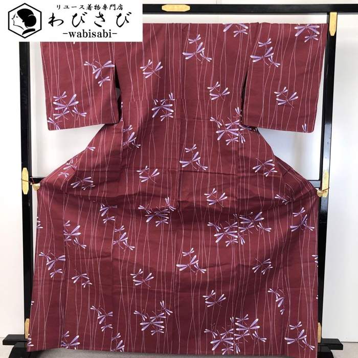 【お得なクーポン配布中】 夏着物 浴衣 蜻蛉 真紅色 トールサイズ しつけ糸 K-4508 着物 きもの kimono 和服 和装 中古 リサイクル着物 【送料無料】｜リユース着物わびさび　店