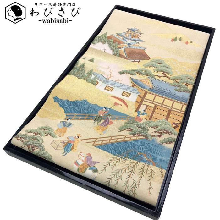 【お得なクーポン配布中】 袋帯 綴れ 南蛮渡来風景 生成色 金糸 O-4925 着物 きもの kimono 和服 和装 中古 リサイクル着物 【送料無料】