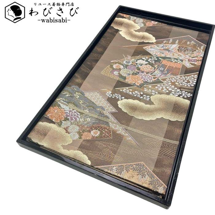 【お得なクーポン配布中】 袋帯 地紙に花模様 鳳凰 松 金糸 焦茶色 フォーマル O-4287 着物 きもの kimono 和服 和装 中古 リサイクル着物 【送料無料】｜リユース着物わびさび　店